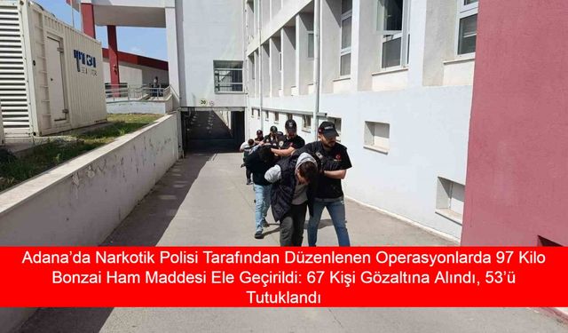 Adana’da Narkotik Polisi Tarafından Düzenlenen Operasyonlarda 97 Kilo Bonzai Ham Maddesi Ele Geçirildi: 67 Kişi Gözaltına Alındı, 53’ü Tutuklandı