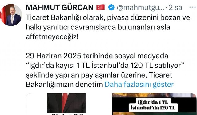 Ticaret Bakanlığı Iğdır’da Kayısı Fiyatıyla İlgili Sosyal Medyada Yayılan Yanıltıcı Paylaşıma 1 Milyon 400 Bin TL Ceza Kesti