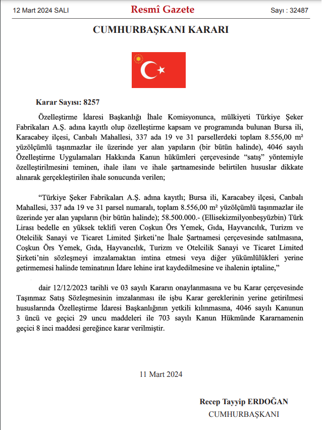 Bursadaki Turkiye Seker Fabrikasina Ait Tasinmaz Satildi Bedel 58 Milyon 500 Bin Lira