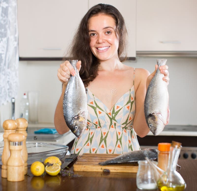 Woman Cooking Fish Kitchen Young