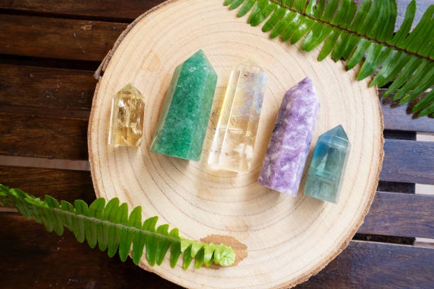 Healing Crystals On Brown Backgr