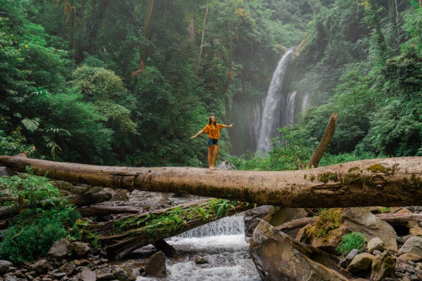 Woman Crossing River By Log On T